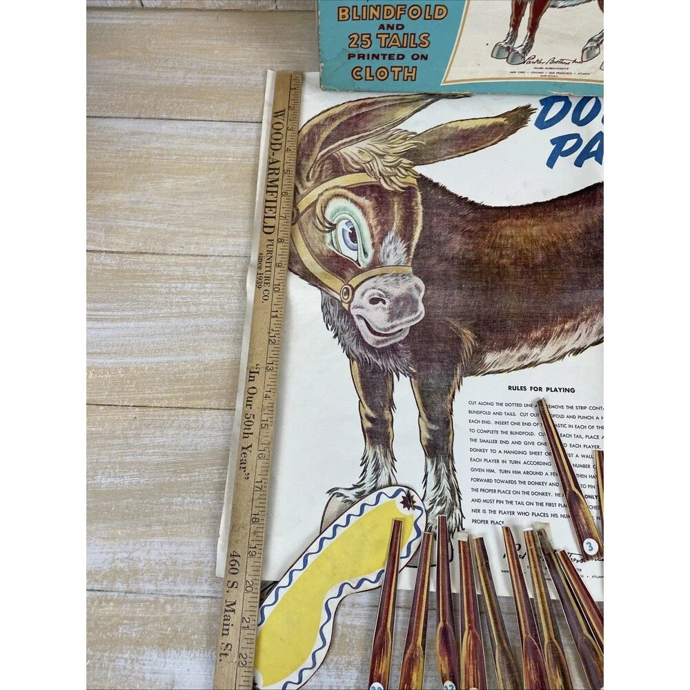 Vintage 1950s Pin the Tail on the Donkey Party Game Parker Brothers - 18 Tails